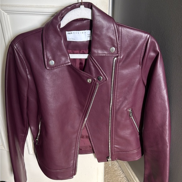 ASOS Faux Biker Leather Jacket in Burgundy - Picture 8 of 8